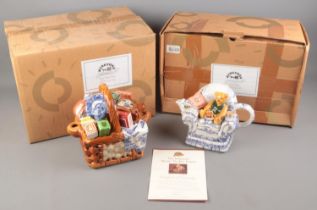 Two limited edition ceramic Ringtons teapots with original boxes. Includes 'Monty' Basket Teapot and