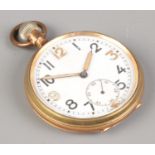 A Swiss Made 15 Jewels, gold filled, open face pocket watch. Engraved F. Hollywood to interior, in