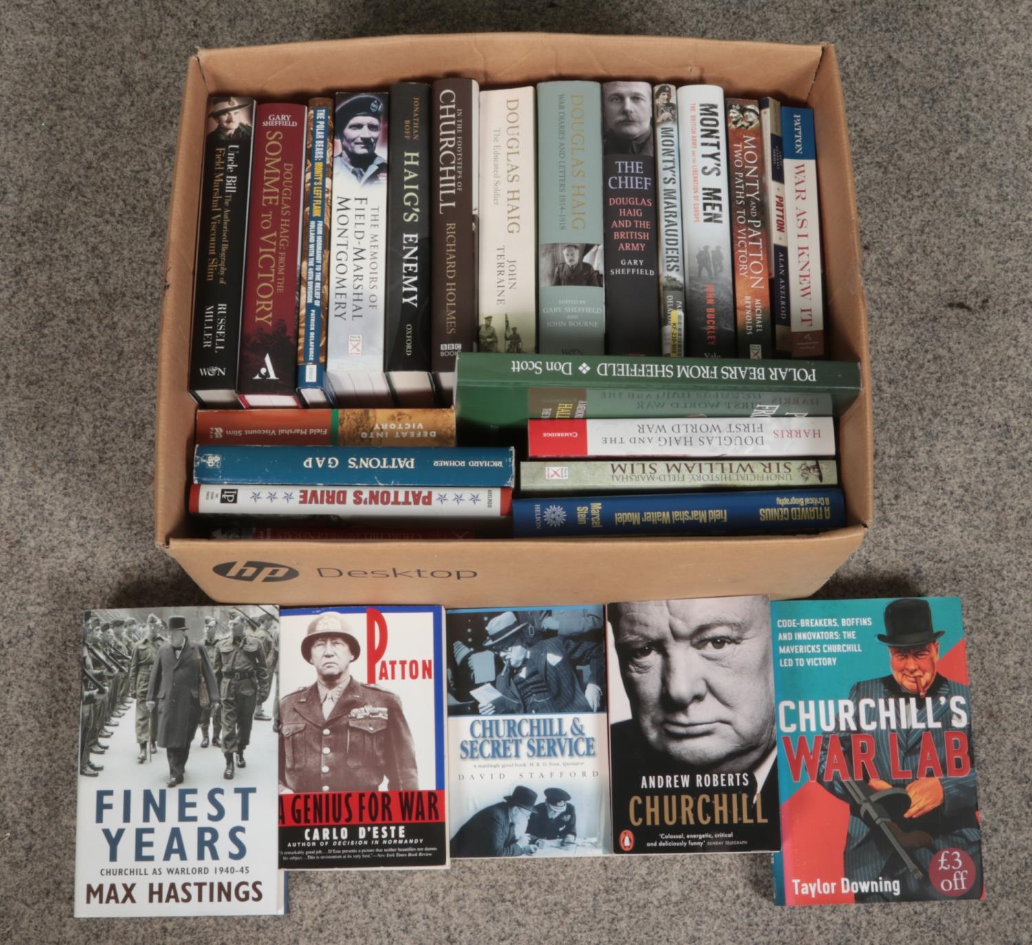 A collection of hardback and paperback books focusing on key figures across both World Wars. To