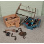 A quantity of tools including metal toolbox filled with drill bits, screw drivers, mole grip etc