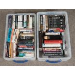 Two large boxes containing a good collection of non-fiction and fiction military books, to include