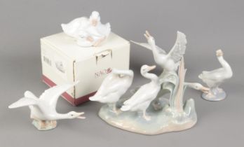 A collection of Lladro geese together with a boxed Nao figure of two ducks.