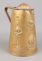 Joseph Sankey & Sons art nouveau brass hot water jug with shell embossed domed cover. Decorated with