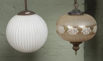 Two vintage glass light fittings, to include opaque folded and etched decorated examples.