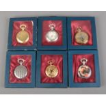 Six cased quartz pocket watches, to include Roman Numeral dial and case depicting lovers.