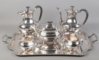 An Atkin Brothers six part silver plated tea set including tray.