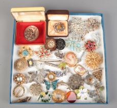 A tray containing a large quantity of costume jewellery brooches, including paste set examples.