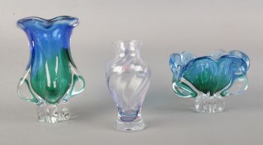 Three pieces of art glass, to include Caithness baluster shaped and two Murano style examples.