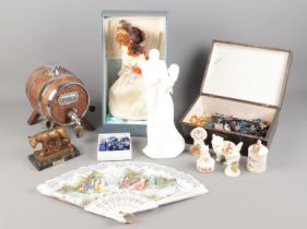 An assortment of collectables, to include miniature barrel, costume jewellery, Royal Doulton