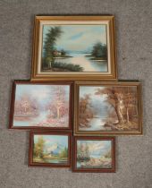 A collection of framed oil paintings, all depicting landscapes, to include V. Burns, V. Elford, J.