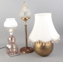 Three assorted table lamps; one with art deco style flamed glass shade. Tallest: 54cm.