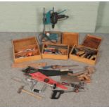 A quantity of tools. Includes pillar drill, Marples hand tools, saws, spanners, etc.