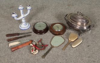 A quantity of mixed collectables including 2 barometers, knives, silver plate tureen, blue and white