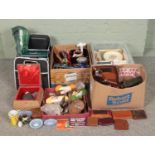 Four boxes of assorted items, to include knitting equipment and patterns, hip flasks, purses/
