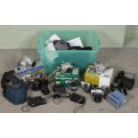 A box of camera equipment. Includes Canon PowerShot camera, Fujifilm FinePix, Canon EOS 500 SLR