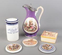 A collection of ceramics. Includes Coalport pot lids, Heludor water softener and a Victorian