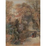 A Victorian gilt framed watercolour, landscape scene with church and figures, unsigned. Titled