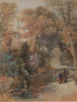 A Victorian gilt framed watercolour, landscape scene with church and figures, unsigned. Titled