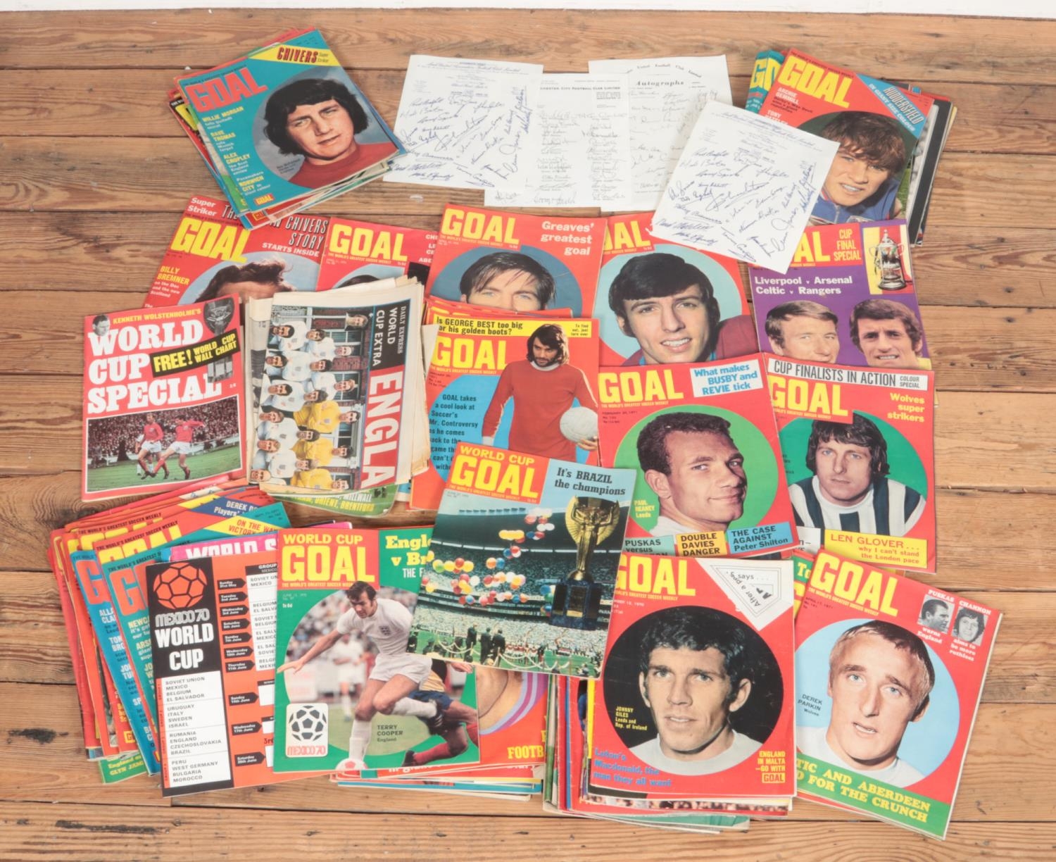 A large box of early 1970's Goal magazine, together with four printed signature team sheets from a