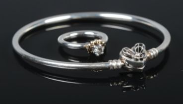 A silver Pandora 'Bubble Halo' ring, size K, together with a silver and cubic zirconia 'Heart and