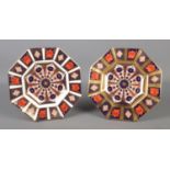 Two Royal Crown Derby hexagonal Imari pattern plates, 24cm diameter. Minor scratches through factory