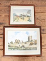 A pair of Derek Grunwell watercolours one depicting the castle at Conisbrough. Largest 74x56cm