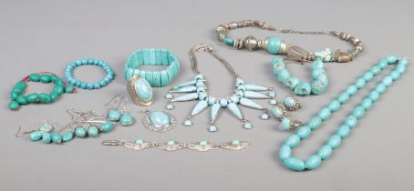 A collection of turquoise coloured jewellery, to include German pendant, large ring, bracelets and