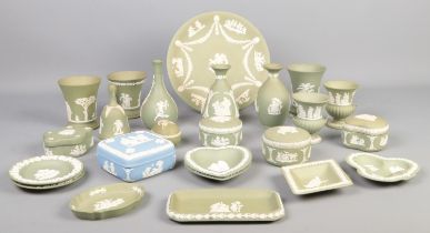 A tray of green Wedgwood jasperware. Includes vases, plate, trinket dishes, etc.