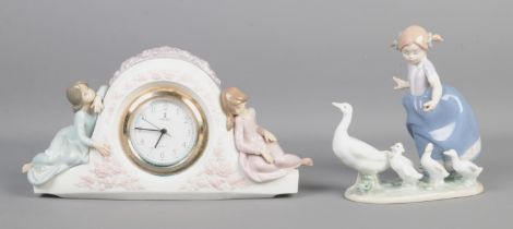 Two pieces of Lladro ceramics, 'Two Sisters' mantle clock and 'Hurry Now' geese and girl figure
