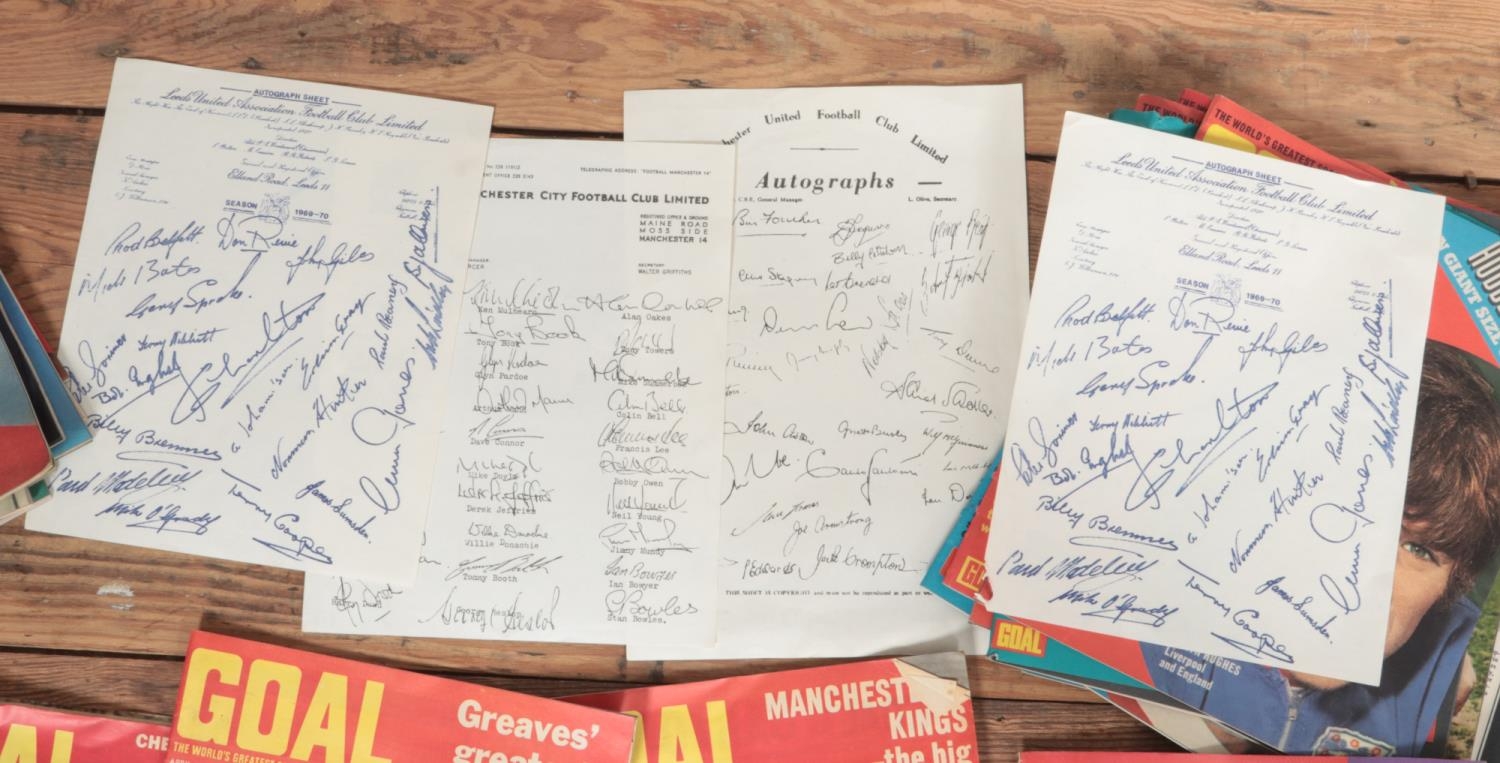 A large box of early 1970's Goal magazine, together with four printed signature team sheets from a - Image 2 of 2