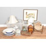 Two boxes of assorted items, to include a small amount of Wade Whimsies, table lamp, dressing