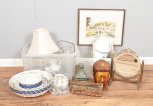 Two boxes of assorted items, to include a small amount of Wade Whimsies, table lamp, dressing