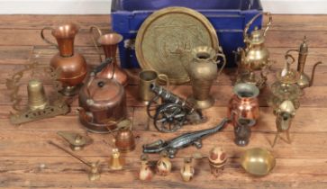A box of metalwares. Includes spirit kettle, copper kettle, brass charger, crocodile nut cracker,