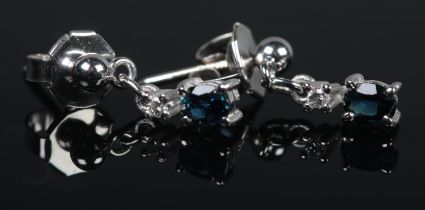 A pair of 9ct White Gold Sapphire and Diamond droplet earrings. Total weight: 1.3g