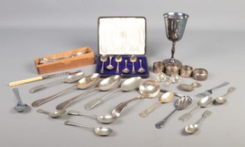 A collection of silver and EPNS. Includes cased set of six silver teaspoons assayed Sheffield 1915