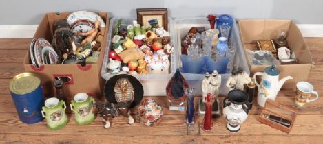 Four boxes of miscellaneous. Includes composite figure groups, art glass, telescopes, Davenport