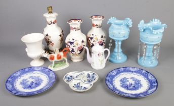 A box of ceramics and glassware. Includes Masons Mandalay pattern, glass lustres, Staffordshire
