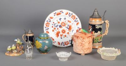 A collection of mainly ceramics, to include lidded cloisonne ginger jar, large German stein, Belleek