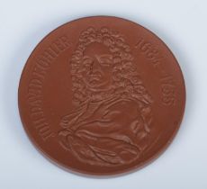 A Meissen commemorative porcelain medal celebrating Johann David KÃ¶hler (1684-1755).