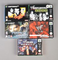 Five boxed Nintendo 64 (N64) video games to include Perfect Dark, WWF No Mercy, Golden Eye 007,