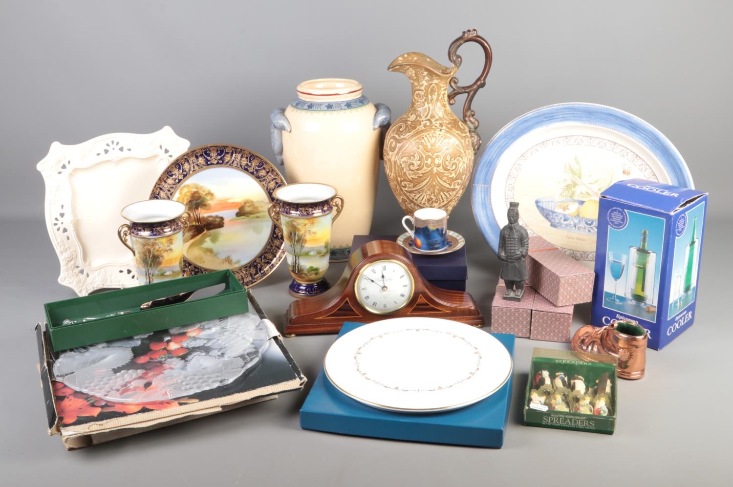 Two boxes of mixed collectibles including Wedgwood Sarah's Garden Platter, Royal Worcester