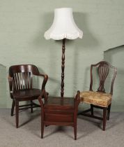 Four pieces of assorted furniture. Includes two chairs, standard lamp and a stool.