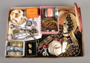 A tray of vintage and fashion dress jewellery. To include Versace fob, D&G chain, earrings and