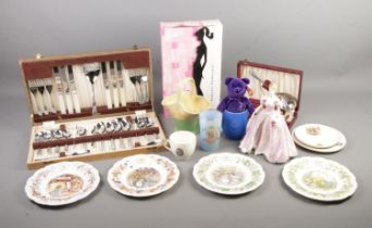 A mixed box of collectables including a Coalport figurine "The Fairytale Begins", Barbie Doll