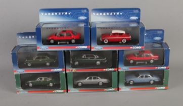 Nine boxed Corgi Vanguards 1:43 scale Ford, Jaguar and Rover diecast models. To include Jaguar XJ6