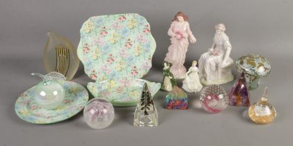 A collection of ceramics and glassware to include three Shelley Melody pattern plates,