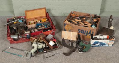 A large quantity of tools including Bosch power drill, Draper Tri-base sander, drill bits, rasps,