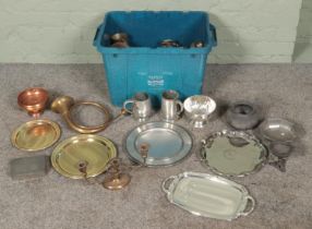 A box of metalwares. Includes brass bugle, tankards, trays, repousse decorated bowl, etc.