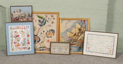 A small framed Victorian sampler along with a collection of framed embroideries. The sampler dated