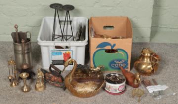 Two boxes of metalware. Includes brass mining figure, companion set, teapot, vases, etc.